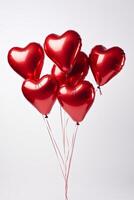 ai generato elegante rosso metallico San Valentino cuore palloncini su un' pianura bianca grafico sfondo san valentino giorno romantico bokeh morbido illuminazione foto