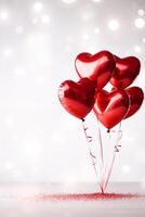 ai generato elegante rosso metallico San Valentino cuore palloncini su un' pianura bianca grafico sfondo san valentino giorno romantico bokeh morbido illuminazione foto