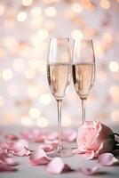 ai generato Due Champagne bicchieri con rosa rosa petali su un' bokeh leggero grafico sfondo san valentino giorno romantico morbido illuminazione foto