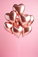 ai generato elegante metallico rosa oro San Valentino cuore palloncini su un' pianura bianca grafico sfondo san valentino giorno romantico bokeh morbido illuminazione foto