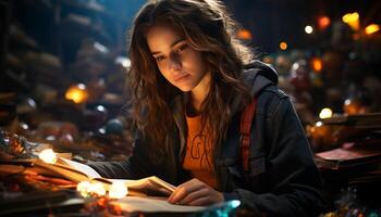 ai generato giovane donna lettura libro di il fuoco a notte generato di ai foto
