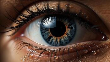 ai generato blu occhi fissando, vicino su di un' donna iris generato di ai foto