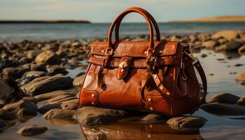 ai generato tramonto su il spiaggia, onde schiantarsi, Borsa nel mano generato di ai foto