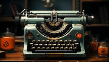 ai generato macchina da scrivere, vecchio modellato, vicino su, macchinari, obsoleto, metallo, nostalgia, alfabeto generato di ai foto