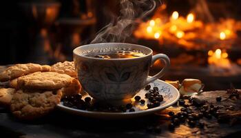 ai generato caldo caffè su di legno tavolo, un' accogliente inverno bevanda generato di ai foto