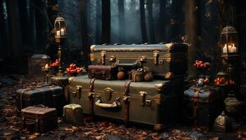 ai generato vecchio stile valigia abbandonato nel buio autunno foresta generato di ai foto