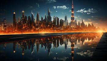 ai generato dubai moderno orizzonte si illumina il notte paesaggio urbano generato di ai foto