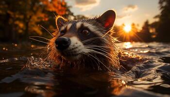 ai generato carino procione giocando nel il acqua a tramonto generato di ai foto