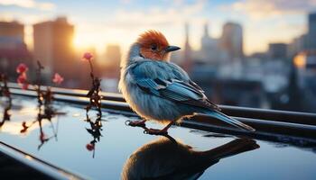 ai generato gabbiano perching su ramo, illuminato di tramonto generato di ai foto