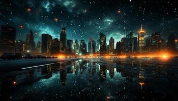 ai generato notte orizzonte, grattacieli illuminare città, riflettendo nel acqua generato di ai foto