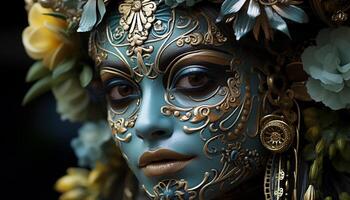 ai generato elegante donna nel oro maschera incarna culturale celebrazione generato di ai foto