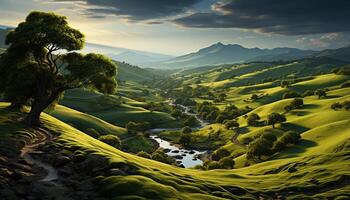 ai generato maestoso montagna picco nel tranquillo tramonto paesaggio generato di ai foto