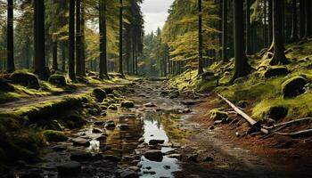 ai generato tranquillo scena di un' foresta con fluente acqua generato di ai foto