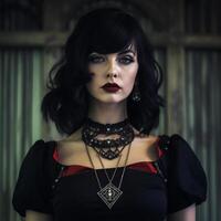 ai generato un' donna nel un' nero e rosso vestito, rosso labbra e un intricato collana, contro un' buio sfondo foto