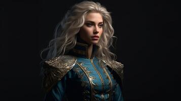 ai generato un' ragazza con lungo, ondulato bionda capelli, indossare un ornato blu e oro costume foto