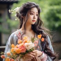 ai generato un' classico Cinese asiatico ragazza, Tenere un' vivace mazzo di fiori foto