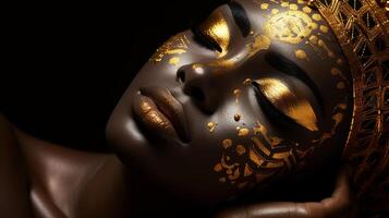 ai generato bellissimo africano donna coperto con d'oro decorativo modelli su loro viso, accentuato di drammatico illuminazione foto