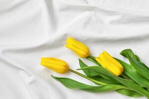 tre giallo tulipani menzogna su un' drappeggiato biancheria copriletto foto