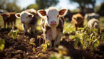 ai generato carino mucca pascolo su verde prato, circondato di natura bellezza generato di ai foto