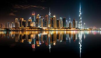 ai generato notte orizzonte riflette su acqua, in mostra dubai moderno architettura generato di ai foto