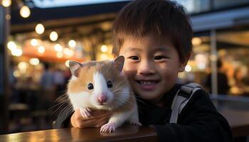 ai generato un' carino bambino sorridente, guardare a telecamera, con un' piccolo gattino generato di ai foto