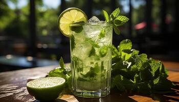 ai generato fresco Mojito cocktail con lime, frutta, e menta foglia contorno generato di ai foto