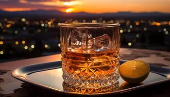 ai generato whisky bicchiere su bar tavolo, città orizzonte tramonto generato di ai foto