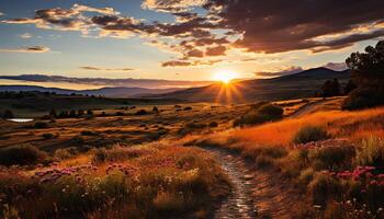 ai generato tramonto al di sopra di il montagna, prato pieno con fiori generato di ai foto