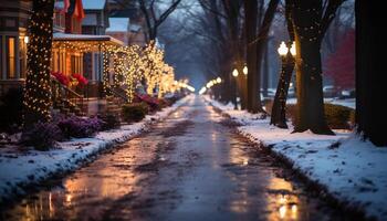 ai generato inverno notte all'aperto, neve coperto albero illuminato di lanterna generato di ai foto