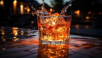 ai generato discoteca sbarra, whisky bicchiere, ghiaccio cubo, rinfrescante cocktail generato di ai foto