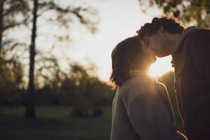 ritratto di contento amorevole coppia nel parco nel tramonto. coppia nel silhouette baciare. foto