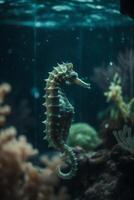 ai generato un' cavalluccio marino nuoto nel un acquario foto