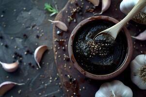 ai generato umami eleganza fermentato nero aglio incolla culinario ritratto foto