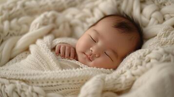 ai generato tranquillo, calmo neonato bambino addormentato sonoramente nel morbido lenzuolo. foto