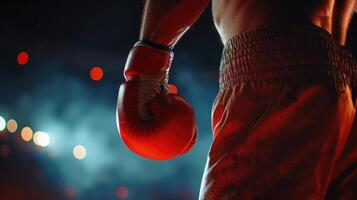 ai generato avvicinamento pugile pronto nel squillare con rosso boxe guanti. foto