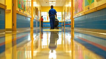 ai generato scuola bidello diligentemente pulisce corridoio con pavimento scrubber. foto