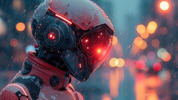 ai generato futuristico cibernetico soldato nel pioggia con raggiante rosso visiera. foto