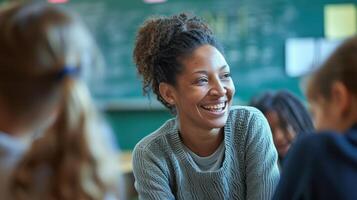 ai generato gioioso femmina insegnante interagendo con diverso giovane studenti. foto