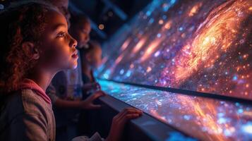 ai generato giovane bambino ipnotizzato di cosmico mostra a moderno Museo. foto