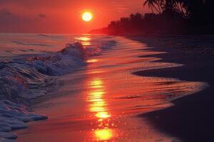 ai generato bellissimo tropicale tramonto su oceano spiaggia professionale fotografia foto