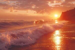 ai generato bellissimo tropicale tramonto su oceano spiaggia professionale fotografia foto