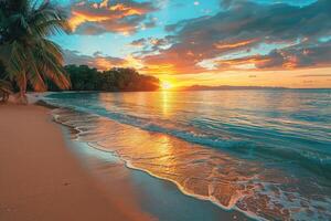ai generato bellissimo tropicale tramonto su oceano spiaggia professionale fotografia foto