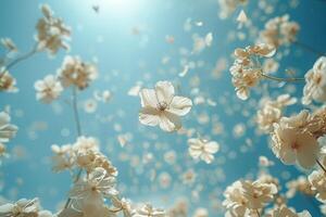 ai generato petalo fiori coriandoli caduta a partire dal un' luminosa blu cielo su un autunno o primavera professionale fotografia foto