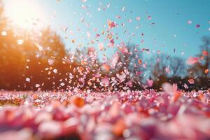 ai generato petalo fiori coriandoli caduta a partire dal un' luminosa blu cielo su un autunno o primavera professionale fotografia foto