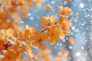 ai generato petalo fiori coriandoli caduta a partire dal un' luminosa blu cielo su un autunno o primavera professionale fotografia foto