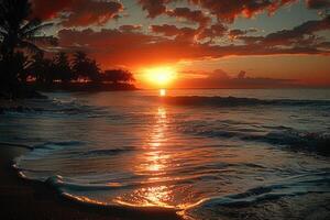 ai generato bellissimo tropicale tramonto su oceano spiaggia professionale fotografia foto