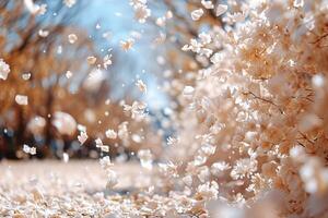 ai generato petalo fiori coriandoli caduta a partire dal un' luminosa blu cielo su un autunno o primavera professionale fotografia foto