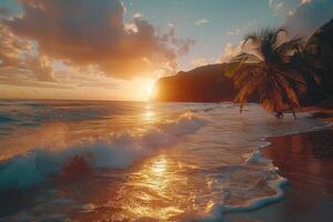 ai generato bellissimo tropicale tramonto su oceano spiaggia professionale fotografia foto