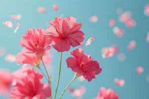 ai generato petalo fiori coriandoli caduta a partire dal un' luminosa blu cielo su un autunno o primavera professionale fotografia foto