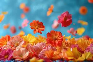 ai generato petalo fiori coriandoli caduta a partire dal un' luminosa blu cielo su un autunno o primavera professionale fotografia foto